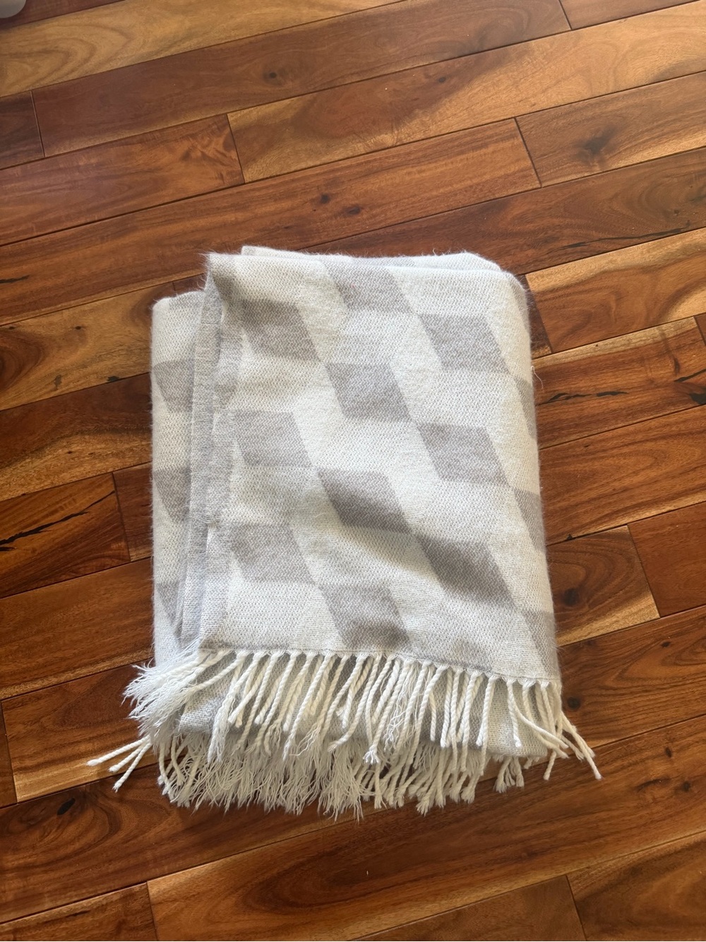 Neutral Geometric Fringe Throw Blanket - Cream and Light Gray. Cube acrylic